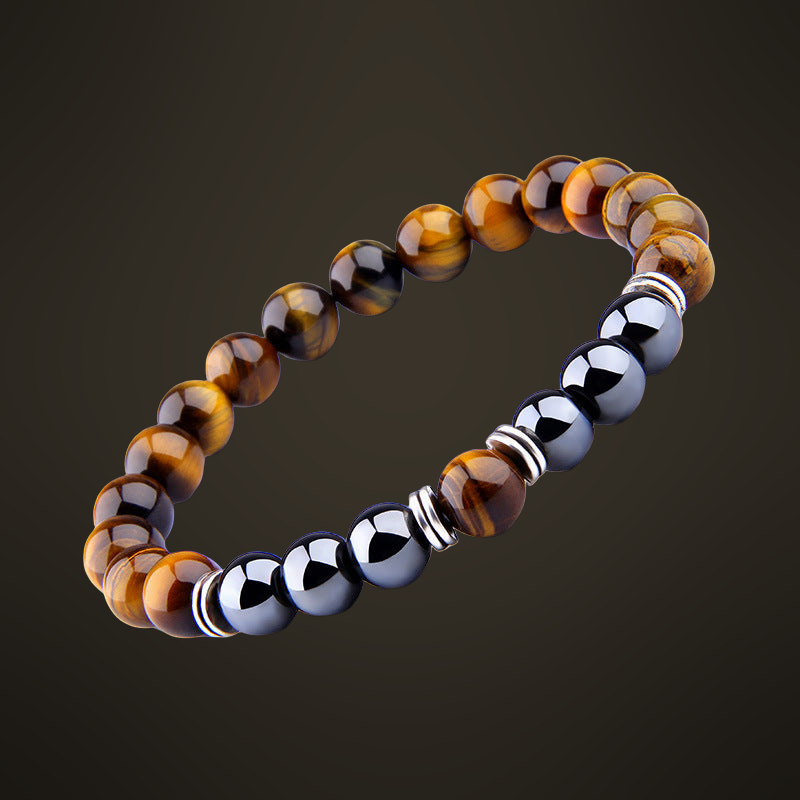 Módní elastický náramek ze žlutého tygřího oka s obsidiánem a kovovými prvky