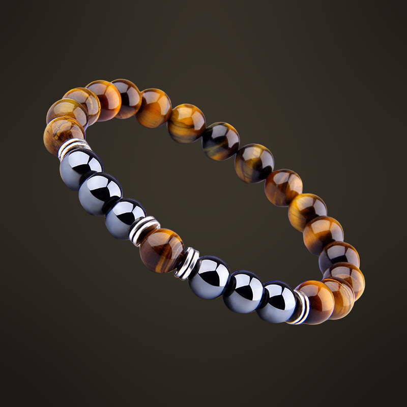Módní elastický náramek ze žlutého tygřího oka s obsidiánem a kovovými prvky